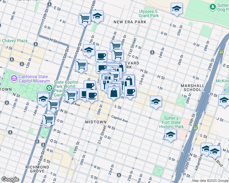 map of restaurants, bars, coffee shops, grocery stores, and more near 1020 21st Street in Sacramento