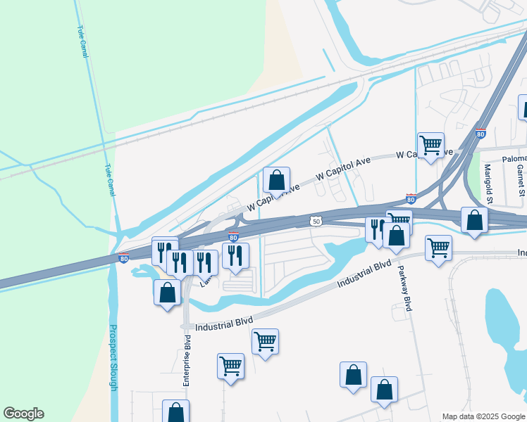 map of restaurants, bars, coffee shops, grocery stores, and more near 4657 West Capitol Avenue in West Sacramento
