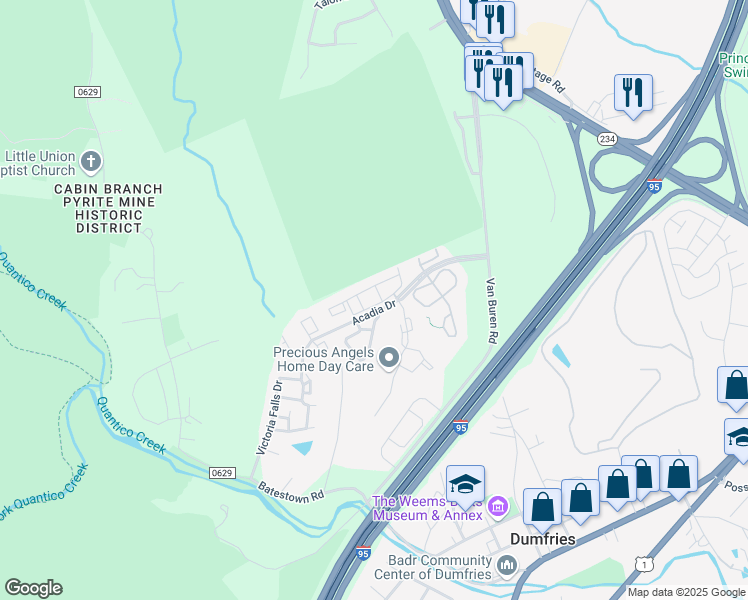 map of restaurants, bars, coffee shops, grocery stores, and more near 17360 Montezuma Way in Dumfries