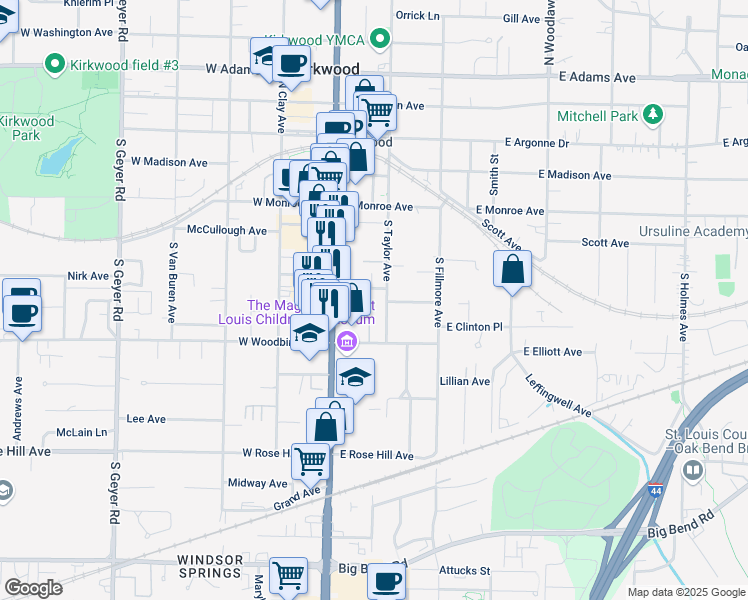 map of restaurants, bars, coffee shops, grocery stores, and more near 385 South Taylor Avenue in Kirkwood