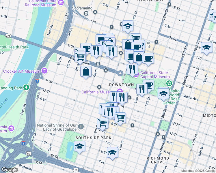 map of restaurants, bars, coffee shops, grocery stores, and more near 1416 9th Street in Sacramento