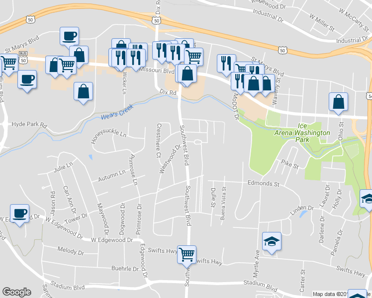 map of restaurants, bars, coffee shops, grocery stores, and more near 909 Southwest Boulevard in Jefferson City