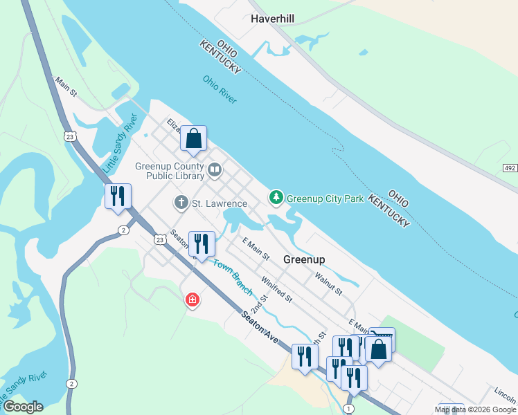 map of restaurants, bars, coffee shops, grocery stores, and more near 208 Jefferson Street in Greenup
