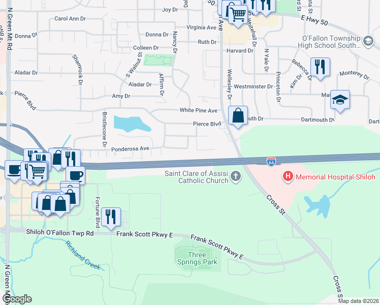 map of restaurants, bars, coffee shops, grocery stores, and more near 109 Sugar Pine Lane in O'Fallon