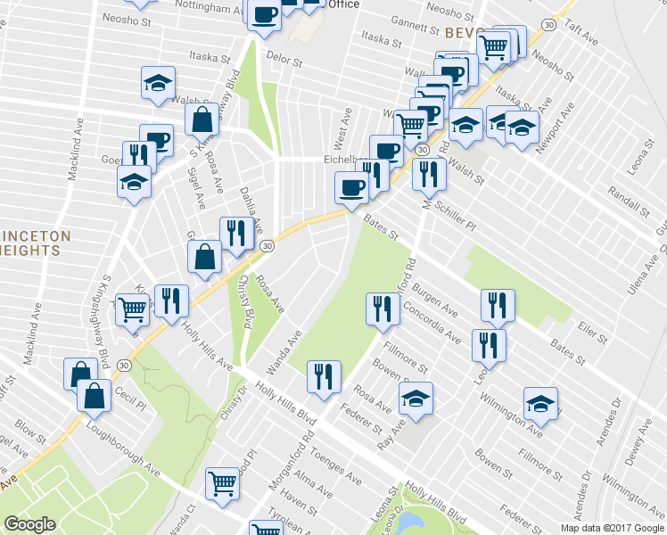 map of restaurants, bars, coffee shops, grocery stores, and more near 5979 Wanda Avenue in St. Louis
