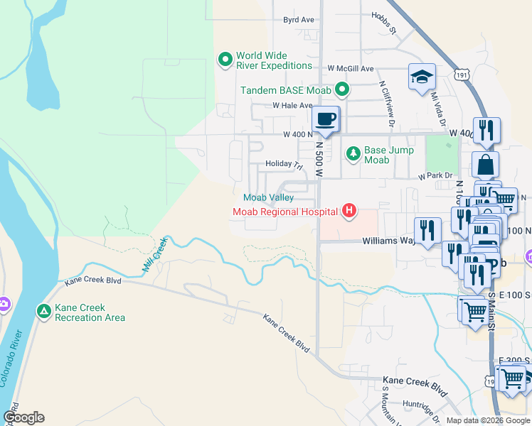 map of restaurants, bars, coffee shops, grocery stores, and more near 658 Bartlett Avenue in Moab