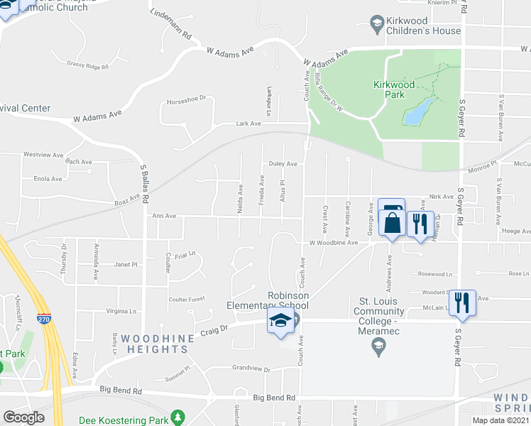 map of restaurants, bars, coffee shops, grocery stores, and more near 366 Frieda Avenue in Kirkwood