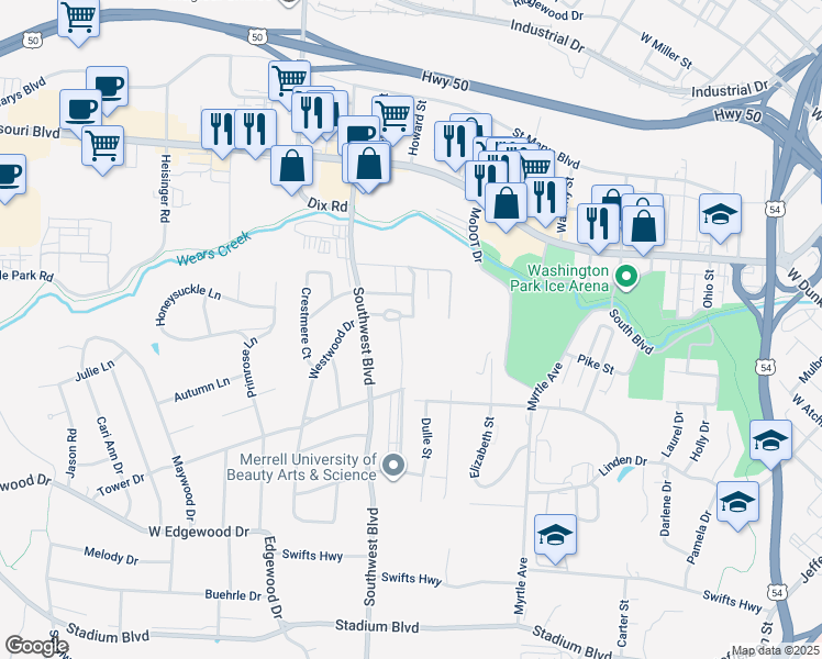 map of restaurants, bars, coffee shops, grocery stores, and more near 817-919 Southwest Boulevard in Jefferson City