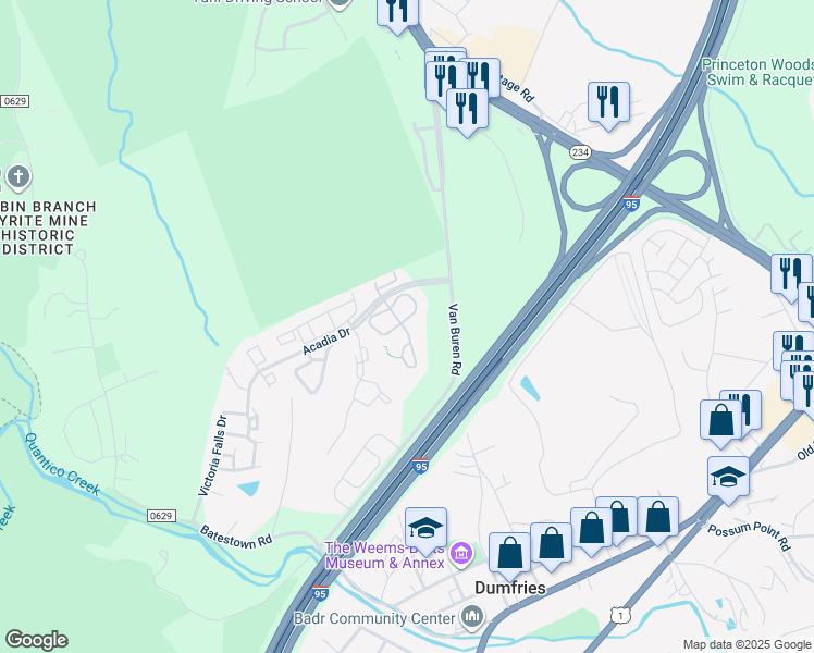 map of restaurants, bars, coffee shops, grocery stores, and more near 4033 Mammoth Cave Loop in Dumfries