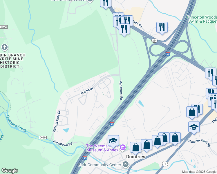 map of restaurants, bars, coffee shops, grocery stores, and more near 4033 Mammoth Cave Loop in Dumfries