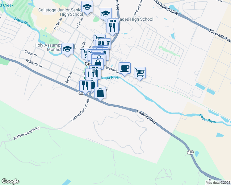 map of restaurants, bars, coffee shops, grocery stores, and more near 1214 Pine Street in Calistoga