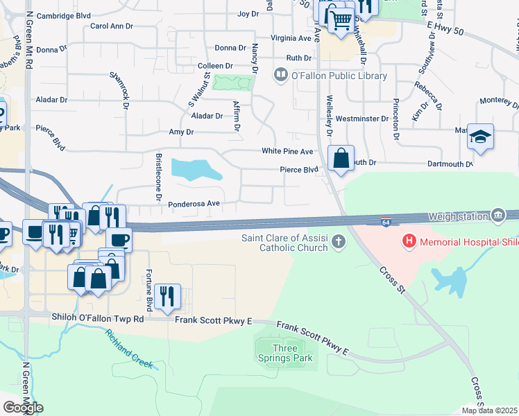 map of restaurants, bars, coffee shops, grocery stores, and more near 125 Sugar Pine Lane in O'Fallon