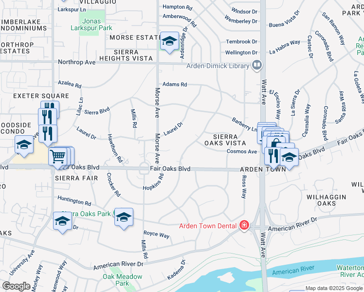 map of restaurants, bars, coffee shops, grocery stores, and more near 537 Crocker Road in Sacramento