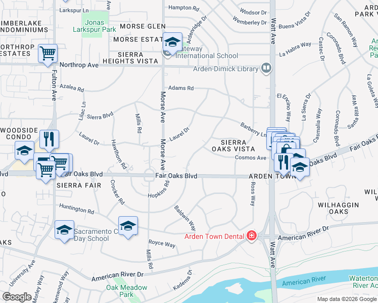 map of restaurants, bars, coffee shops, grocery stores, and more near 537 Crocker Road in Sacramento