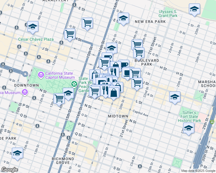 map of restaurants, bars, coffee shops, grocery stores, and more near in Sacramento