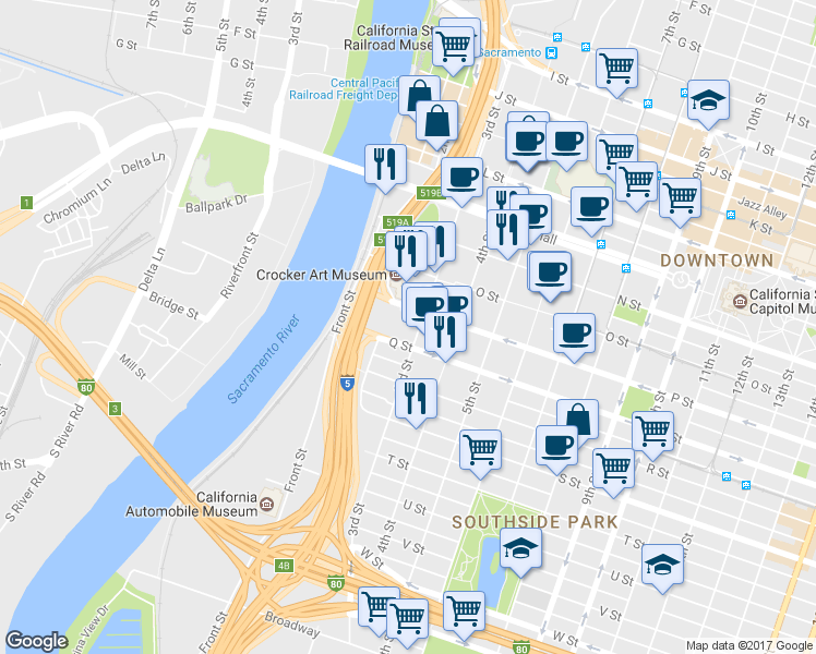 map of restaurants, bars, coffee shops, grocery stores, and more near 400 P Street in Sacramento