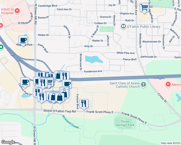 map of restaurants, bars, coffee shops, grocery stores, and more near 435 Ponderosa Avenue in O'Fallon