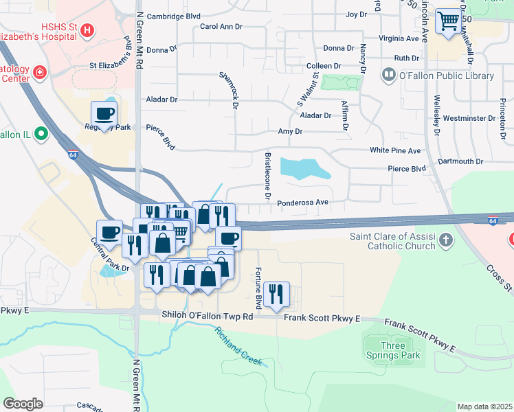 map of restaurants, bars, coffee shops, grocery stores, and more near 517 Ponderosa Avenue in O'Fallon