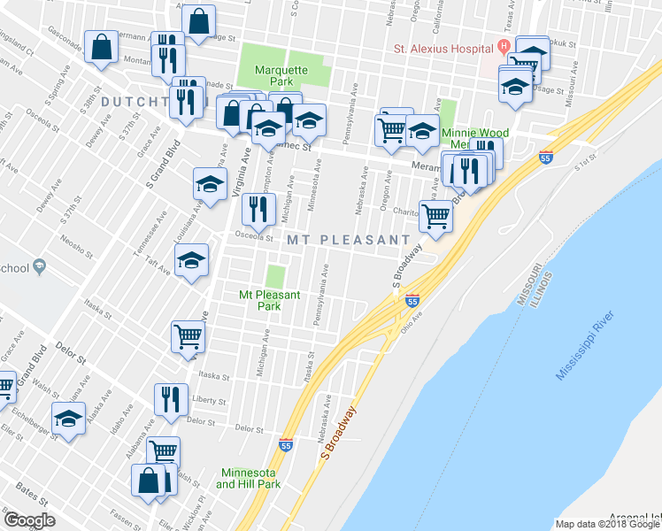 map of restaurants, bars, coffee shops, grocery stores, and more near 4426 Pennsylvania Avenue in St. Louis