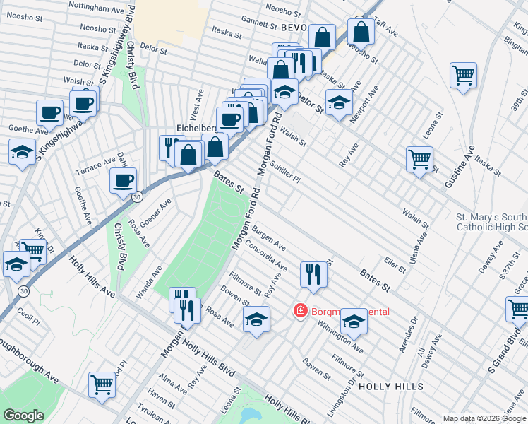 map of restaurants, bars, coffee shops, grocery stores, and more near 4246 Bates Street in St. Louis