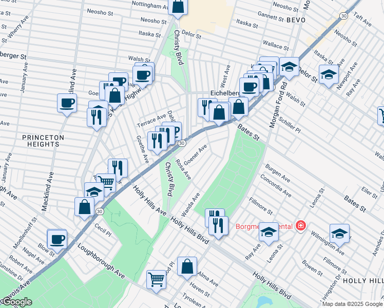 map of restaurants, bars, coffee shops, grocery stores, and more near 5867 Goener Avenue in St. Louis