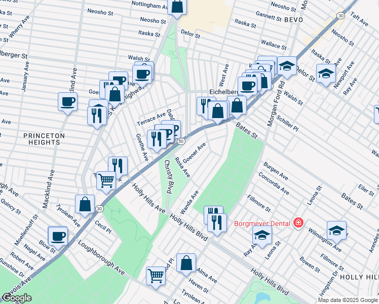 map of restaurants, bars, coffee shops, grocery stores, and more near 5867 Goener Avenue in St. Louis