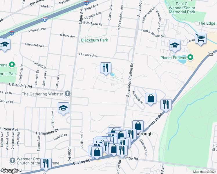 map of restaurants, bars, coffee shops, grocery stores, and more near 727 South Laclede Station Road in Webster Groves