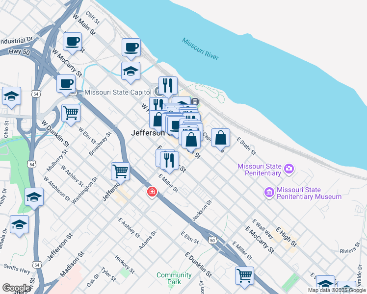 map of restaurants, bars, coffee shops, grocery stores, and more near 222 East High Street in Jefferson City
