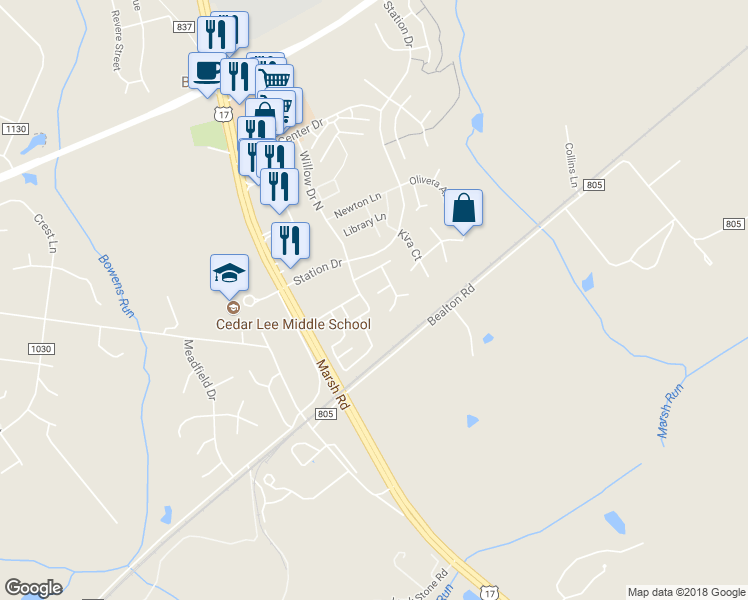 map of restaurants, bars, coffee shops, grocery stores, and more near 6159 Winston Cove in Bealeton