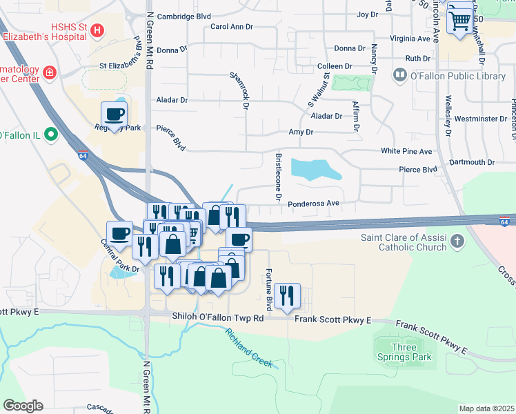 map of restaurants, bars, coffee shops, grocery stores, and more near 517 Ponderosa Avenue in O'Fallon