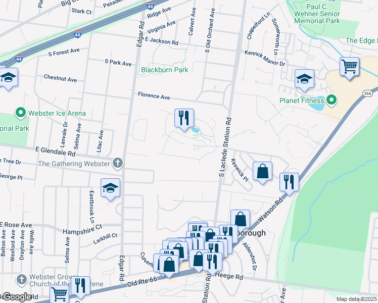 map of restaurants, bars, coffee shops, grocery stores, and more near 723 South Laclede Station Road in Webster Groves