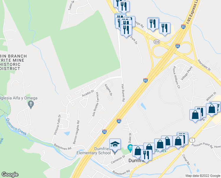 map of restaurants, bars, coffee shops, grocery stores, and more near 4031 Mammoth Cave Loop in Dumfries