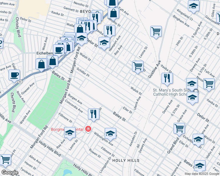 map of restaurants, bars, coffee shops, grocery stores, and more near 4021 Schiller Place in St. Louis