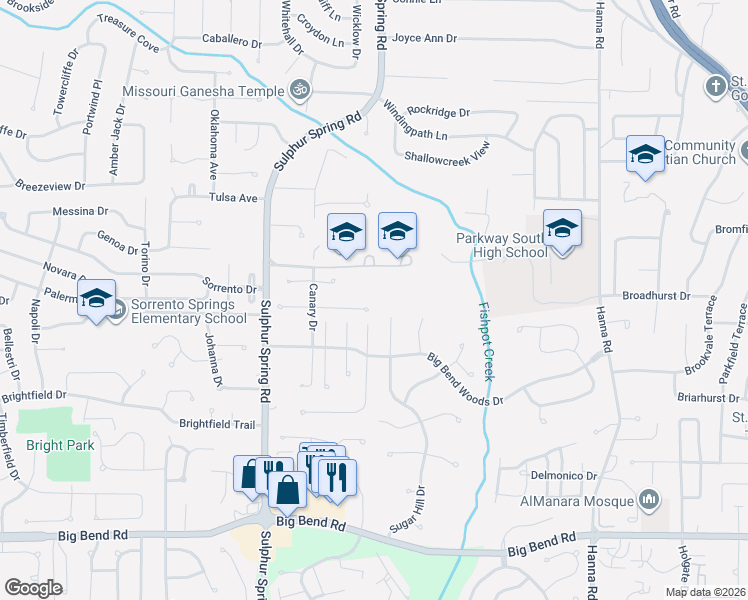 map of restaurants, bars, coffee shops, grocery stores, and more near 669 Fox Hill Estates Drive in Ballwin