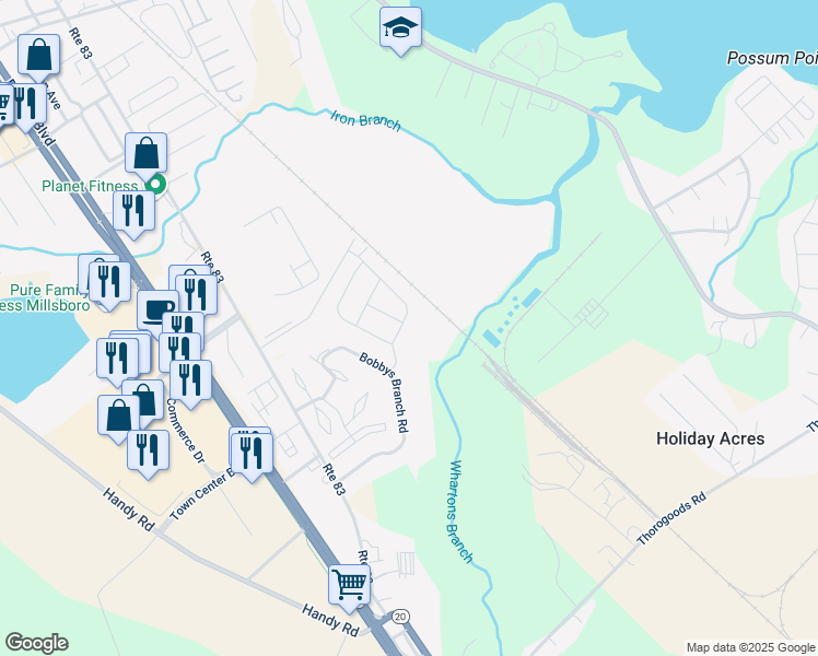 map of restaurants, bars, coffee shops, grocery stores, and more near 103-199 Bobbys Branch Road in Millsboro