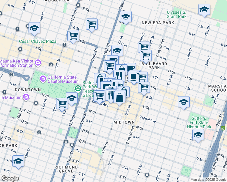 map of restaurants, bars, coffee shops, grocery stores, and more near 1123 18th Street in Sacramento