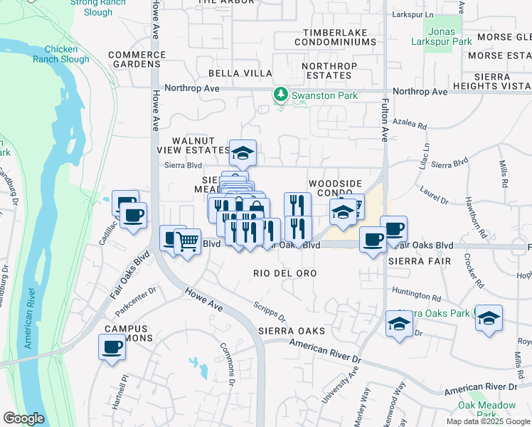 map of restaurants, bars, coffee shops, grocery stores, and more near 2345 Fair Oaks Blvd in Sacramento