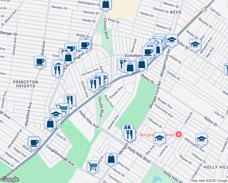 map of restaurants, bars, coffee shops, grocery stores, and more near 5867 Goener Avenue in St. Louis