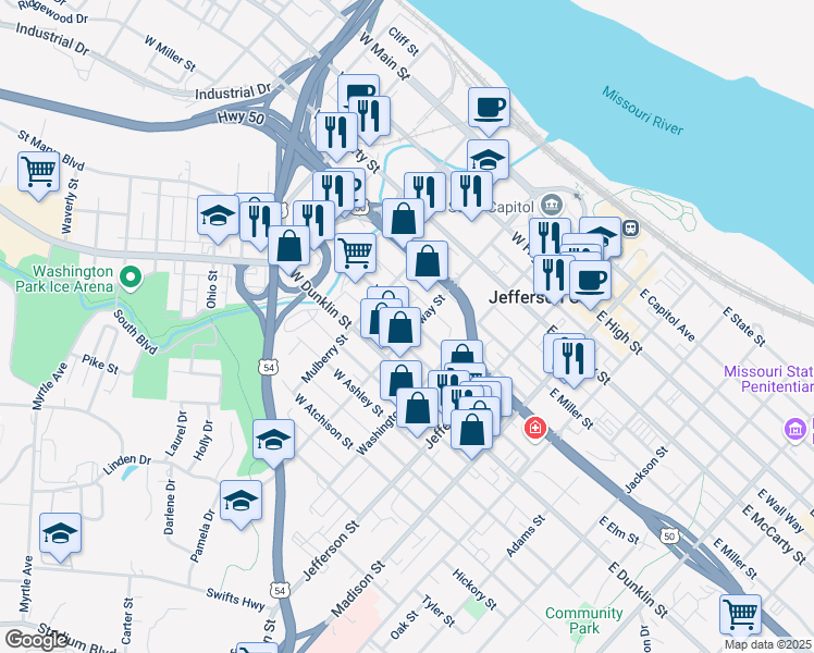 map of restaurants, bars, coffee shops, grocery stores, and more near 616 Broadway in Jefferson City