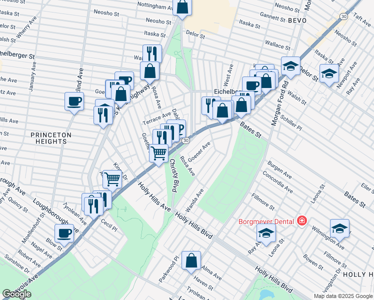 map of restaurants, bars, coffee shops, grocery stores, and more near 5867 Goener Avenue in St. Louis