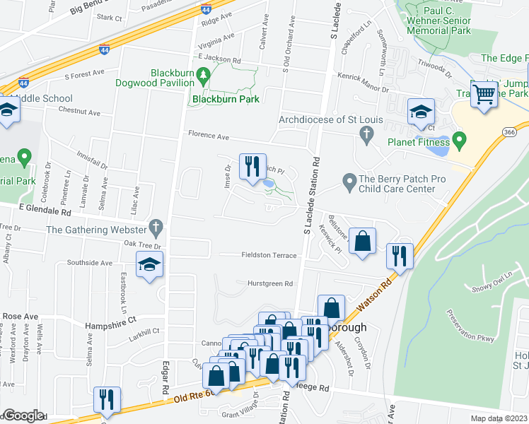 map of restaurants, bars, coffee shops, grocery stores, and more near 723 South Laclede Station Road in Webster Groves