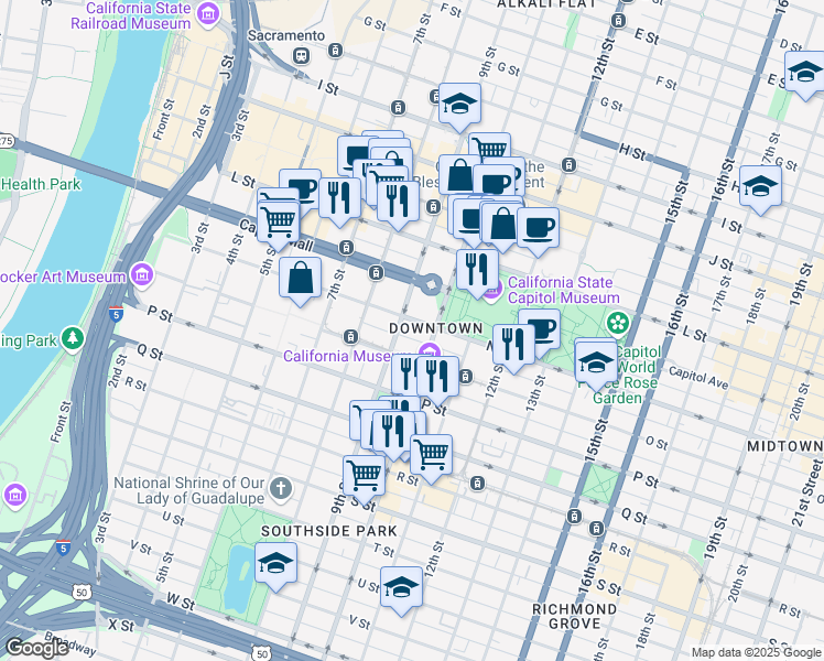map of restaurants, bars, coffee shops, grocery stores, and more near 900 N Street in Sacramento