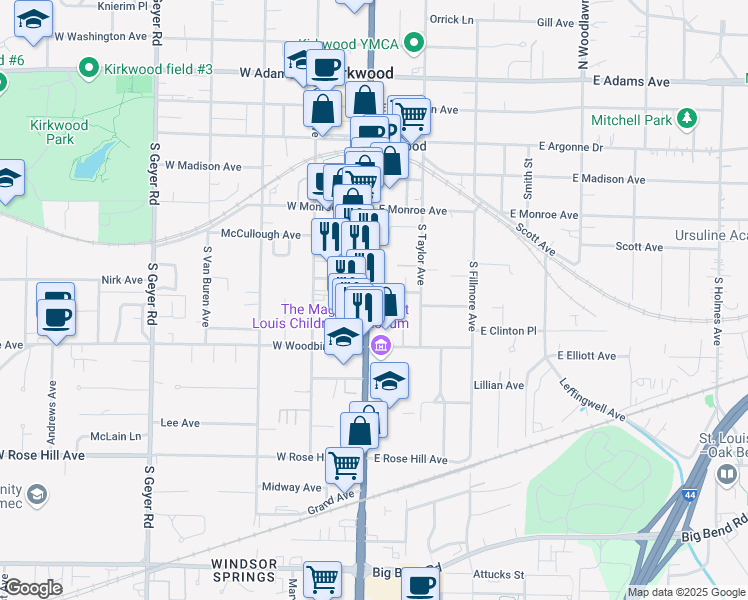 map of restaurants, bars, coffee shops, grocery stores, and more near 402 South Kirkwood Road in Kirkwood
