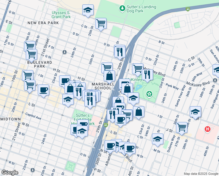 map of restaurants, bars, coffee shops, grocery stores, and more near 2830 H Street in Sacramento