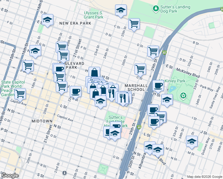 map of restaurants, bars, coffee shops, grocery stores, and more near 2528 I Street in Sacramento