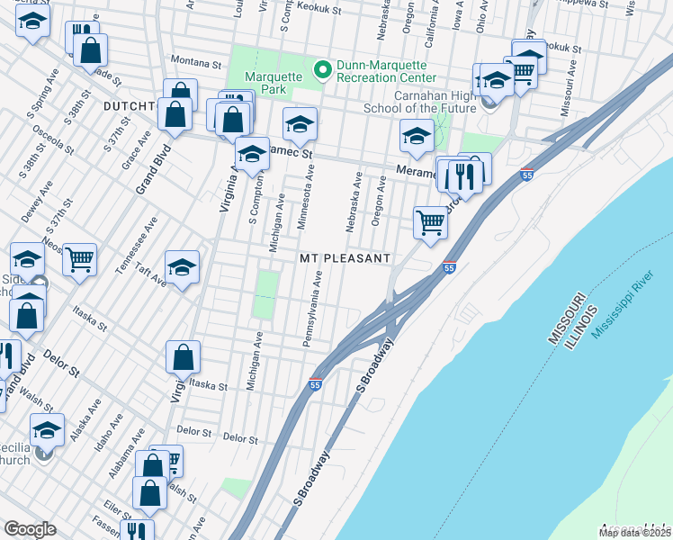 map of restaurants, bars, coffee shops, grocery stores, and more near 4426 Pennsylvania Avenue in St. Louis