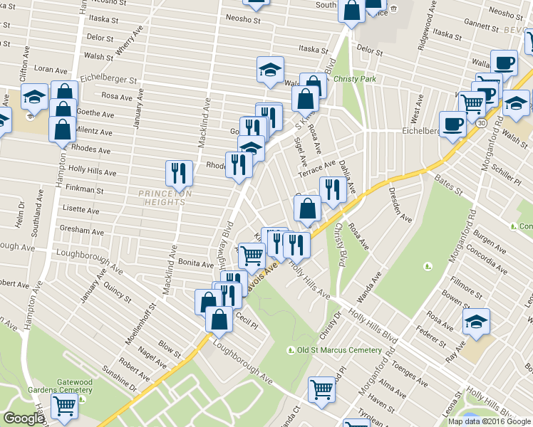 map of restaurants, bars, coffee shops, grocery stores, and more near 6400 West Court in St. Louis