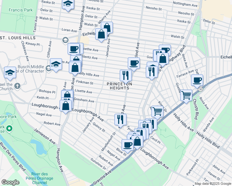 map of restaurants, bars, coffee shops, grocery stores, and more near 5426 Lisette Avenue in St. Louis