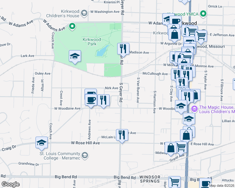 map of restaurants, bars, coffee shops, grocery stores, and more near 438 South Geyer Road in Kirkwood