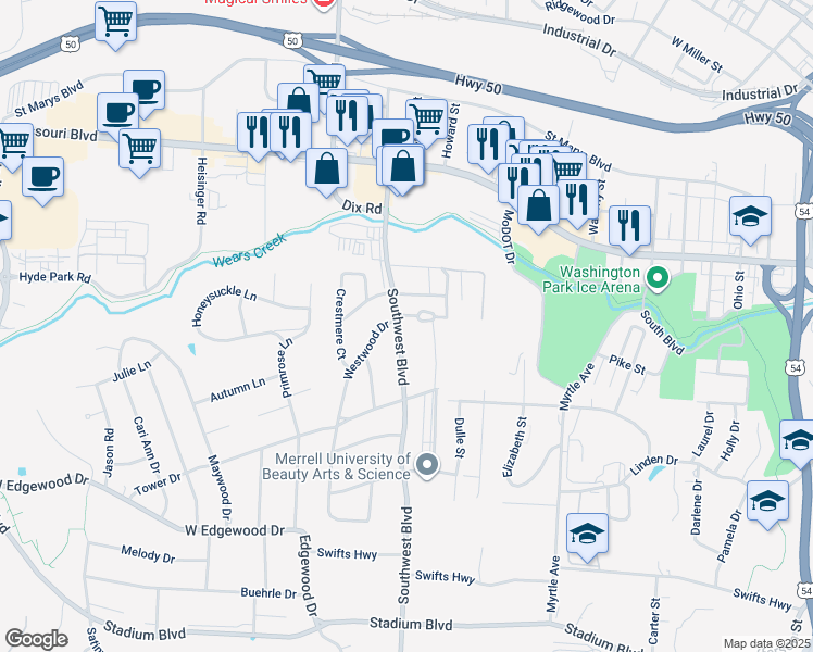 map of restaurants, bars, coffee shops, grocery stores, and more near 913 Southwest Boulevard in Jefferson City